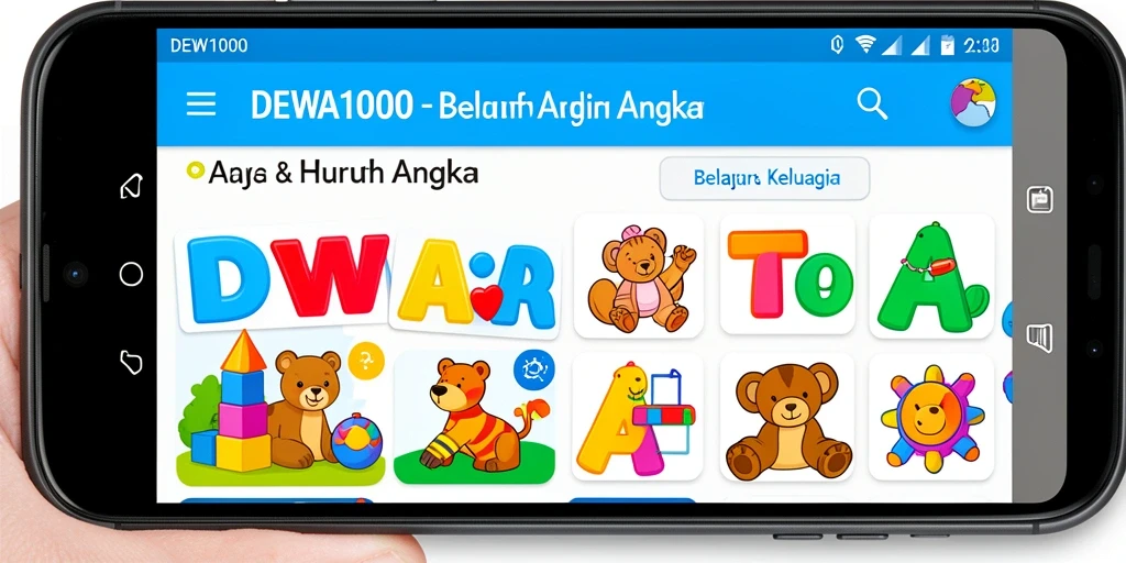Tampilan antarmuka DEWA1000 yang interaktif dan ceria untuk belajar huruf dan angka.