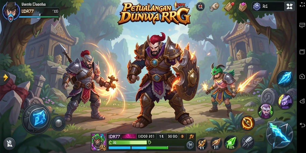 Screenshot antarmuka IDR77 menampilkan dunia RPG yang indah dan karakter unik.