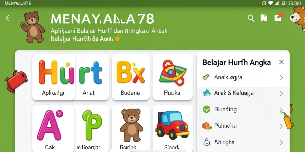 Antarmuka <strong>MENYALA78</strong> yang ceria dan interaktif untuk belajar huruf dan angka.