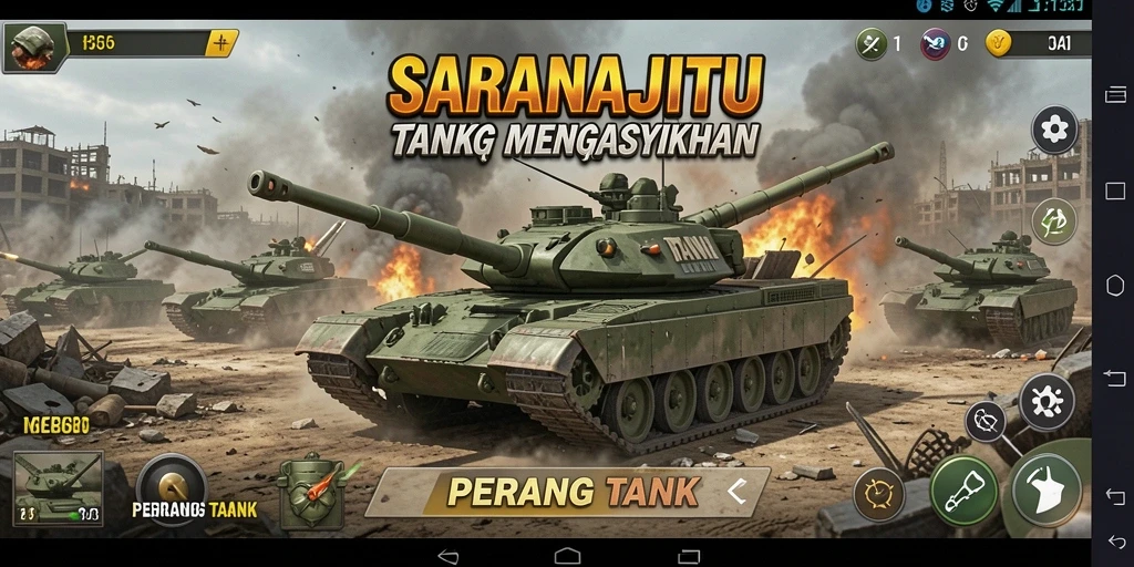 Antarmuka SARANAJITU menampilkan pertempuran tank yang intens dan strategis.